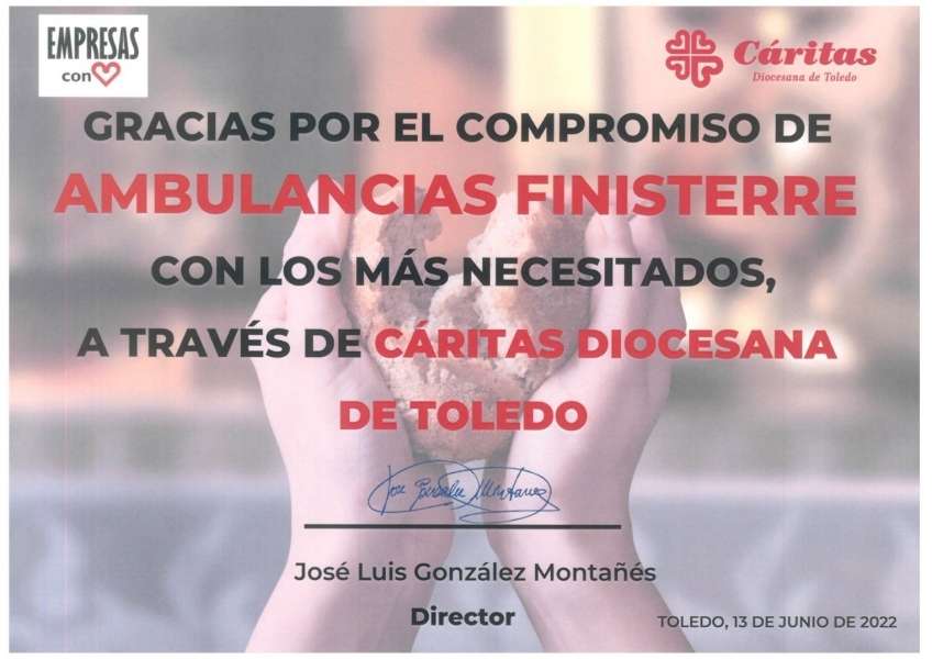 Ambulancias Finisterre, reconocida como “Empresa con corazón” por Cáritas Toledo